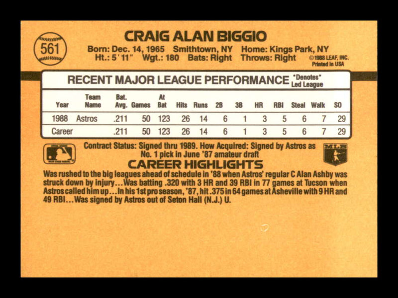 Load image into Gallery viewer, 1989 Donruss Craig Biggio #561 Rookie Card RC Houston Astros  Image 2
