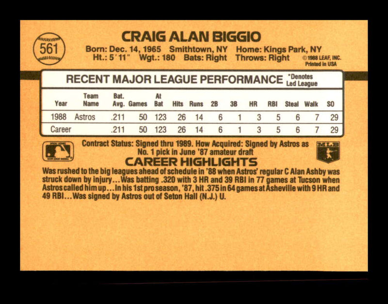 Load image into Gallery viewer, 1989 Donruss Craig Biggio #561 Rookie Card RC Houston Astros  Image 2
