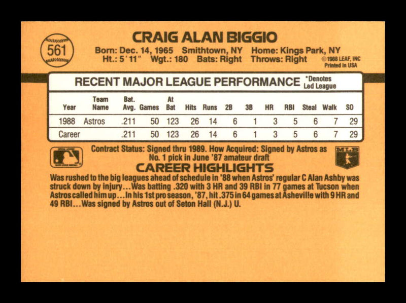 Load image into Gallery viewer, 1989 Donruss Craig Biggio #561 Rookie Card RC Houston Astros  Image 2
