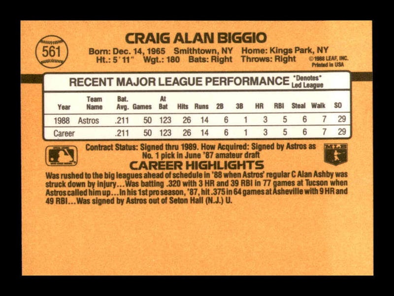 Load image into Gallery viewer, 1989 Donruss Craig Biggio #561 Rookie Card RC Houston Astros  Image 2
