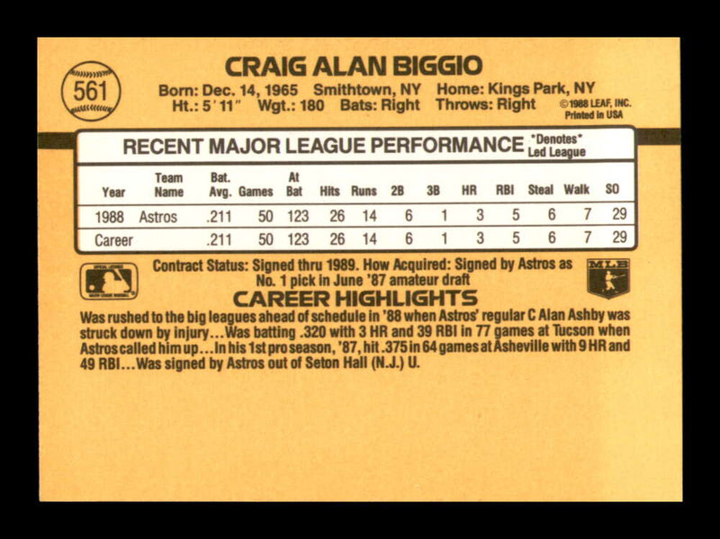 Load image into Gallery viewer, 1989 Donruss Craig Biggio #561 Rookie Card RC Houston Astros  Image 2
