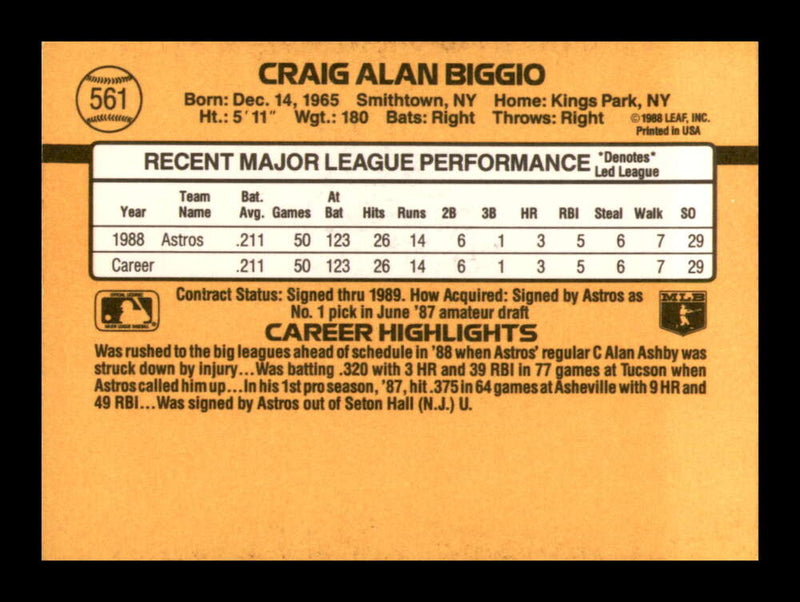 Load image into Gallery viewer, 1989 Donruss Craig Biggio #561 Rookie Card RC Houston Astros  Image 2
