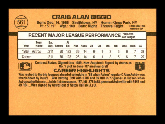 1989 Donruss Craig Biggio