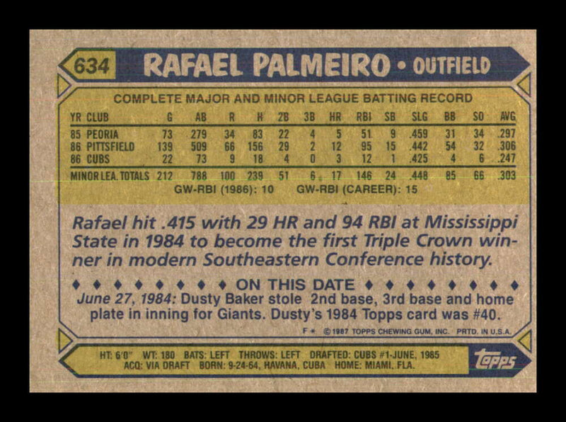 Load image into Gallery viewer, 1987 Topps Rafael Palmeiro #634 Future Stars Rookie Card RC Cubs  Image 2
