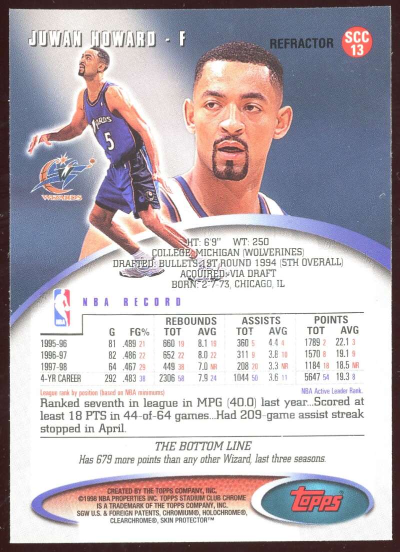 Load image into Gallery viewer, 1998-99 Topps Stadium Club Chrome Refractor Juwan Howard #SCC13 Short Print SP W Image 2

