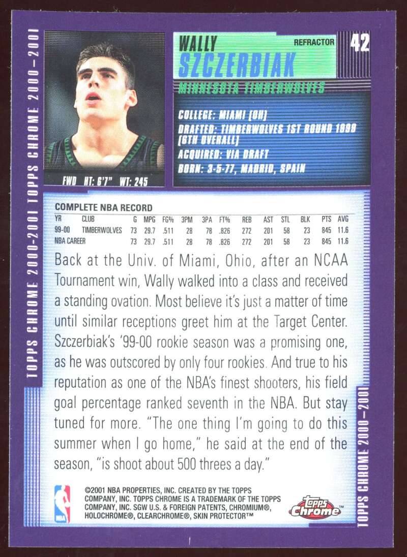 Load image into Gallery viewer, 2000-01 Topps Chrome Refractor Wally Szczerbiak #42 Short Print SP Timberwolves Image 2
