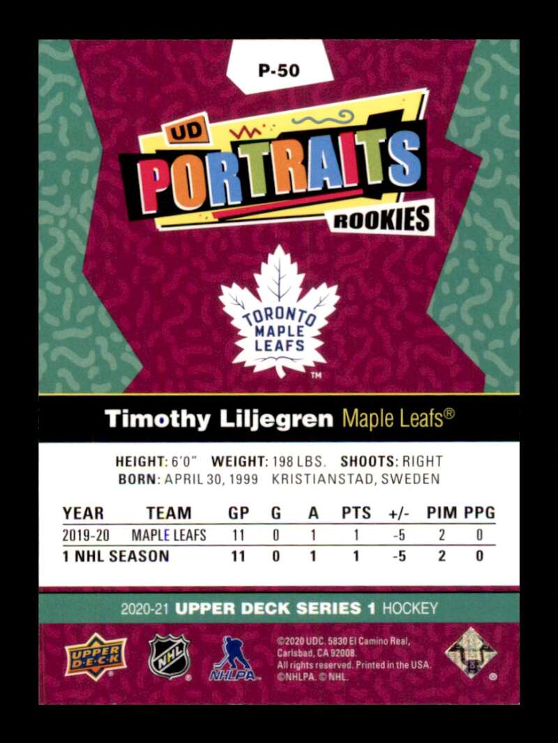 Load image into Gallery viewer, 2020-21 Upper Deck UD Portraits Timothy Liljegren #P-50 Rookie RC Image 2
