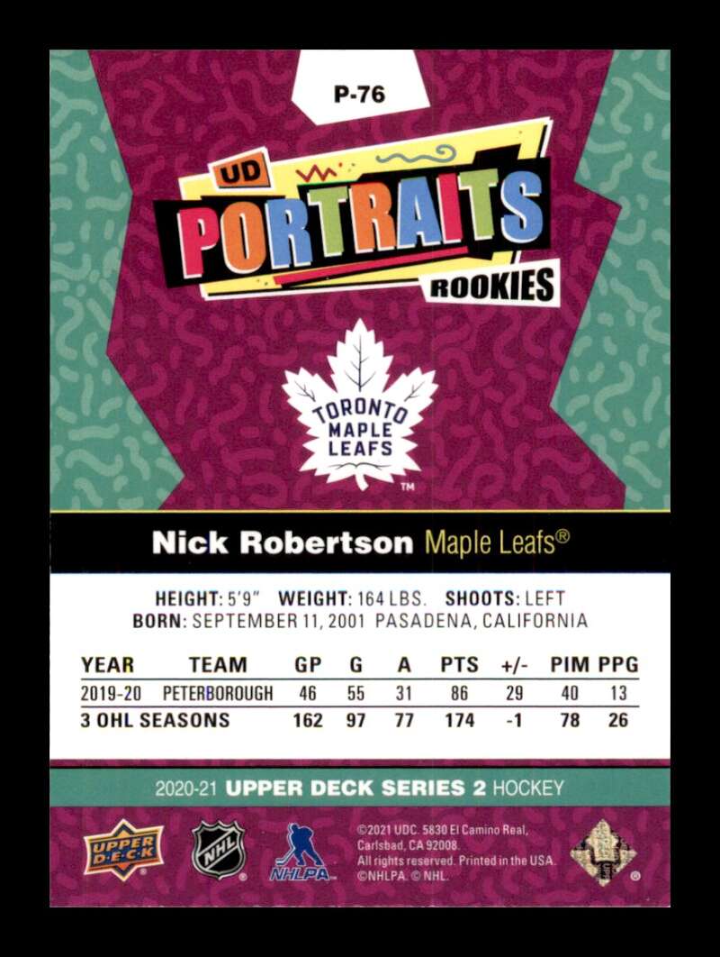 Load image into Gallery viewer, 2020-21 Upper Deck UD Portraits Nick Robertson #P-76 Rookie RC Image 2
