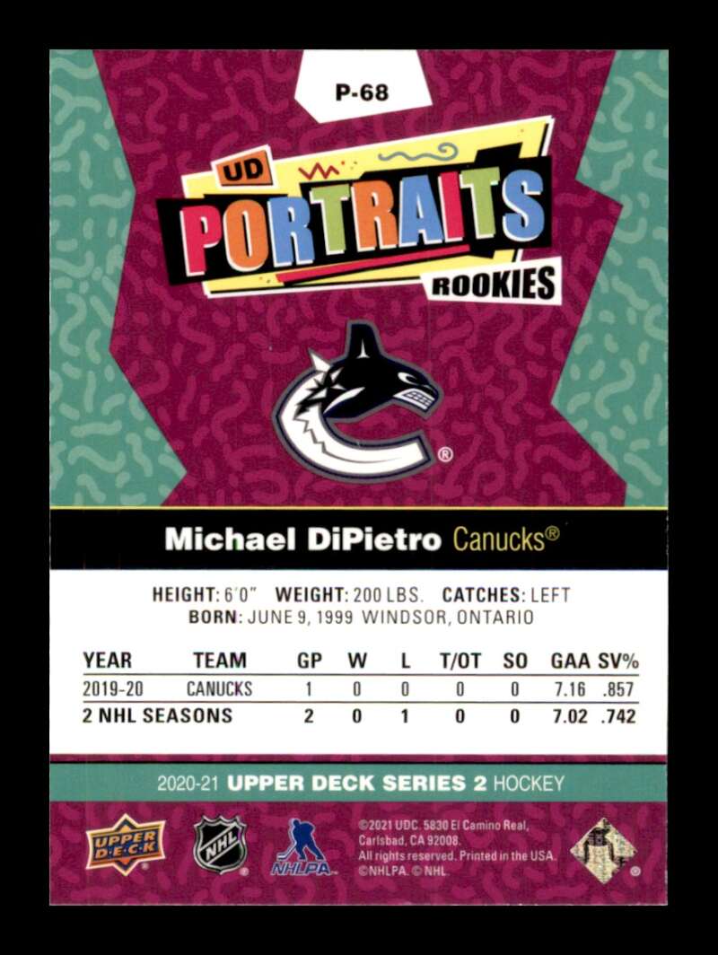Load image into Gallery viewer, 2020-21 Upper Deck UD Portraits Michael DiPietro #P-68 Rookie RC Image 2
