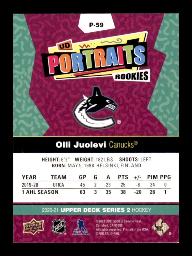 Load image into Gallery viewer, 2020-21 Upper Deck UD Portraits Olli Juolevi #P-59 Rookie RC Image 2
