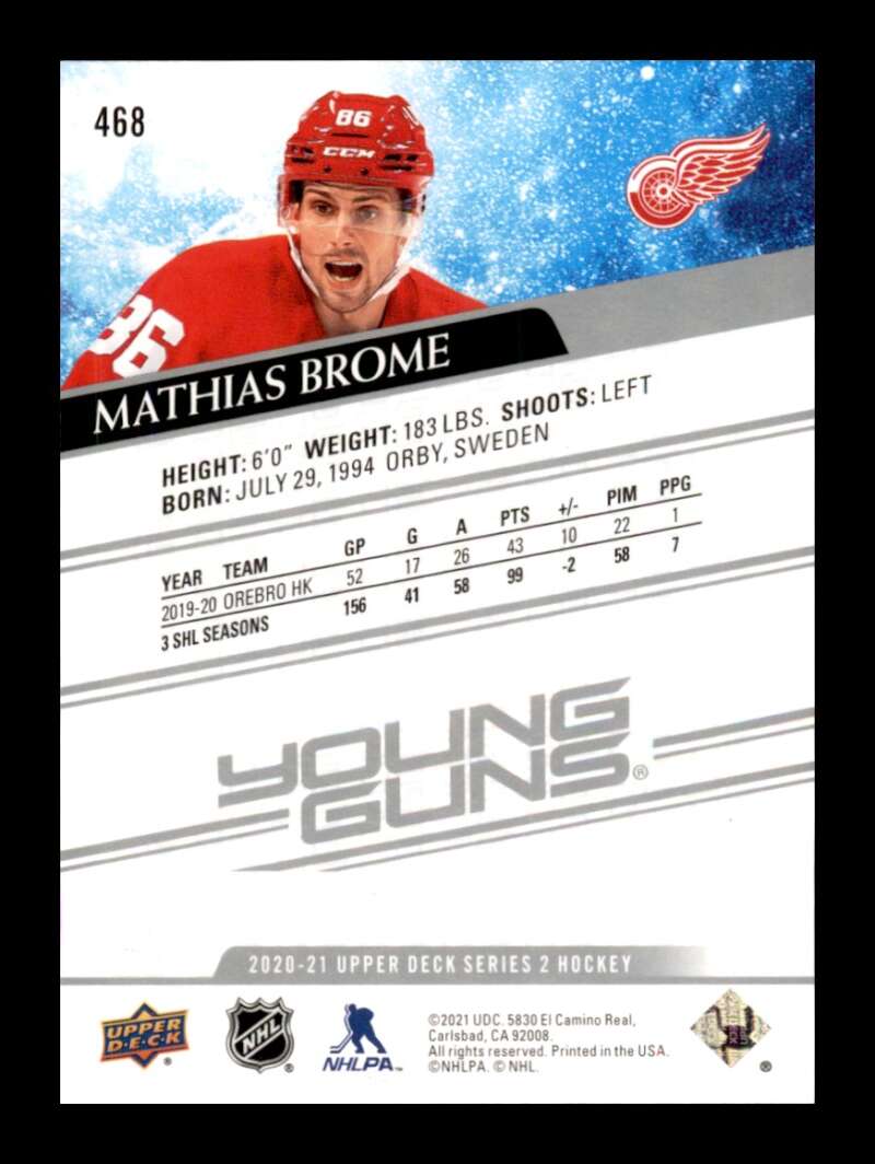 Load image into Gallery viewer, 2020-21 Upper Deck Young Guns Mathias Brome #468 Rookie RC Image 2

