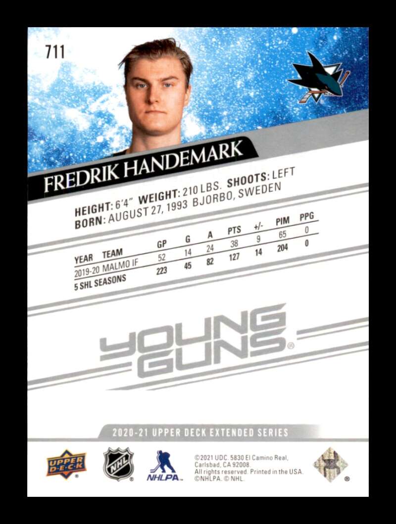 Load image into Gallery viewer, 2021-22 Upper Deck Extended Series Young Guns Fredrik Handemark #711 Rookie RC Image 2
