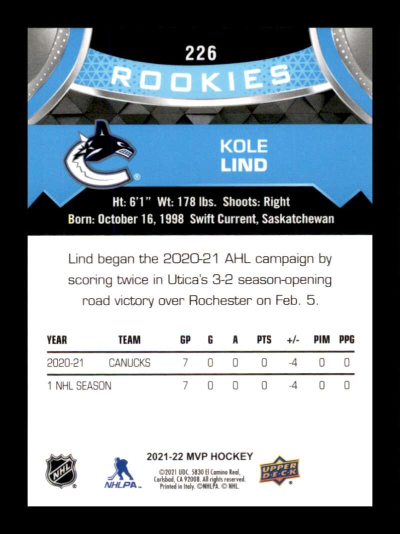 Load image into Gallery viewer, 2021-22 Upper Deck MVP Kole Lind #226 Rookie RC Image 2
