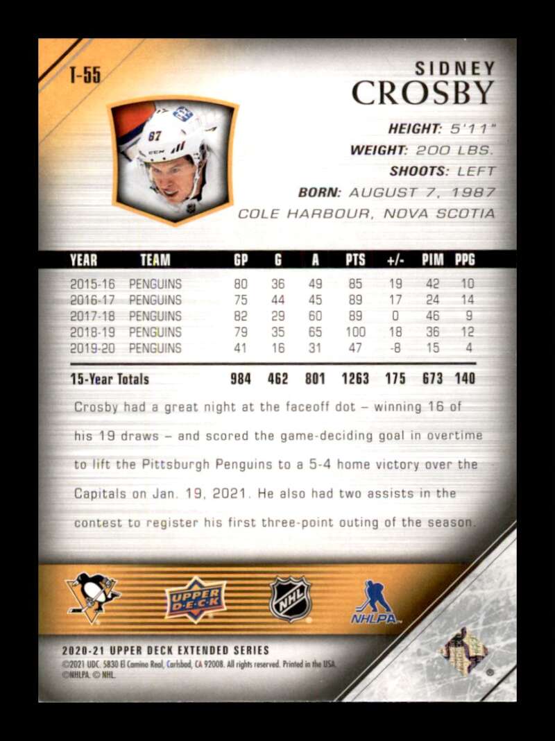 Load image into Gallery viewer, 2020-21 Upper Deck Extended Series Sidney Crosby #T-55 Image 2
