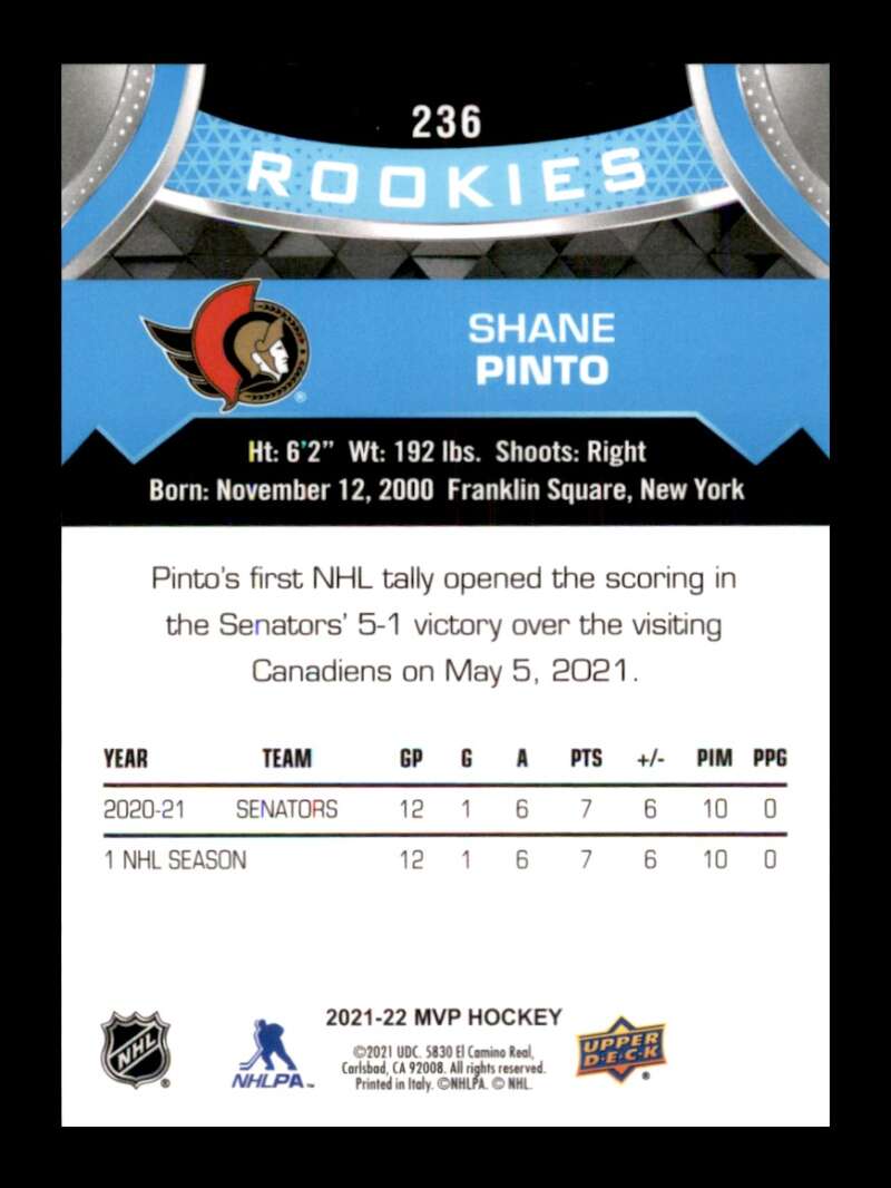Load image into Gallery viewer, 2021-22 Upper Deck MVP Shane Pinto #236 Rookie RC Image 2
