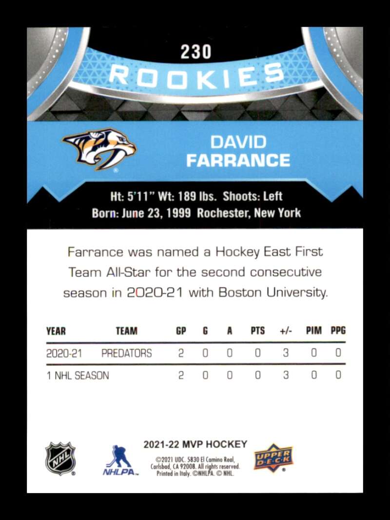 Load image into Gallery viewer, 2021-22 Upper Deck MVP David Farrance #230 Rookie RC Image 2
