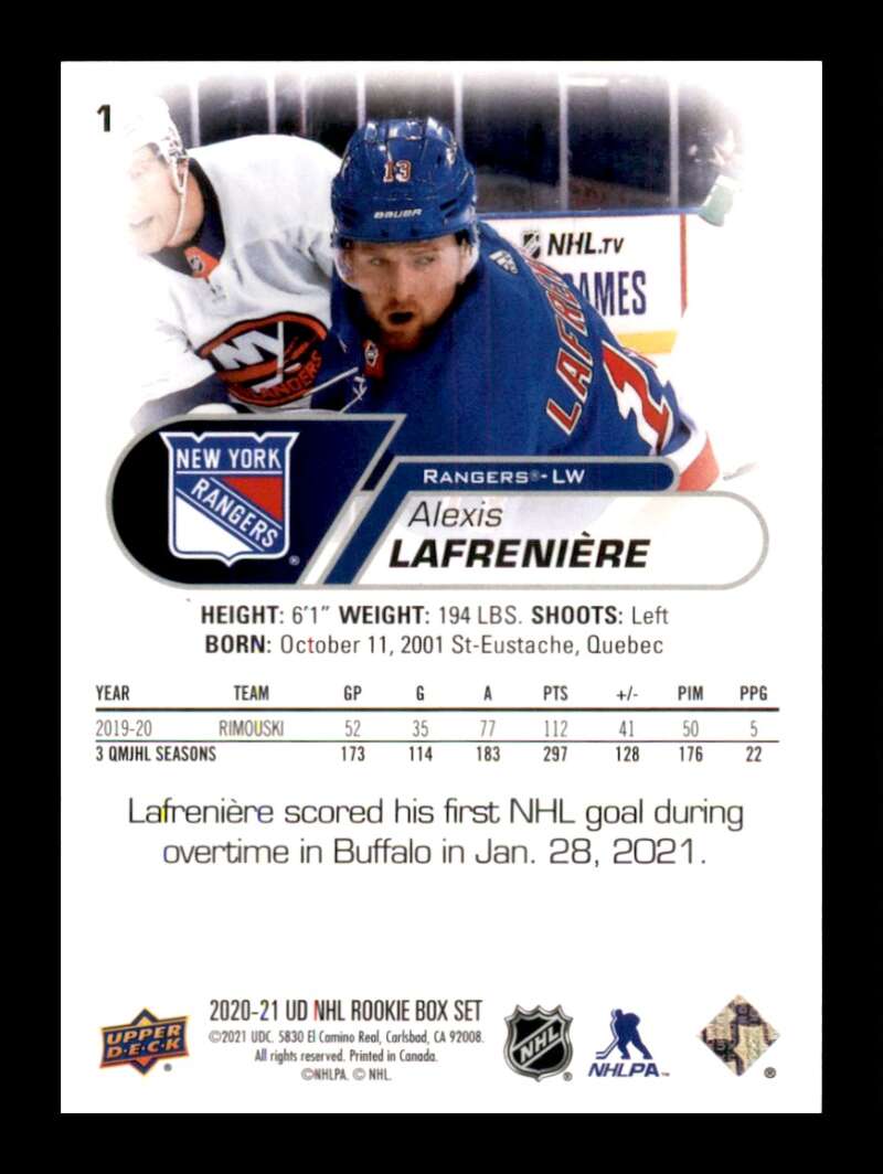 Load image into Gallery viewer, 2020-21 Upper Deck NHL Rookies Box Set Alexis Lafreniere #1 Rookie RC Image 2
