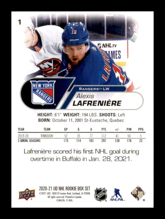 2020-21 Upper Deck NHL Rookies Box Set Alexis Lafreniere