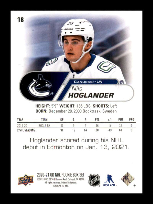 2020-21 Upper Deck NHL Rookies Box Set Nils Hoglander