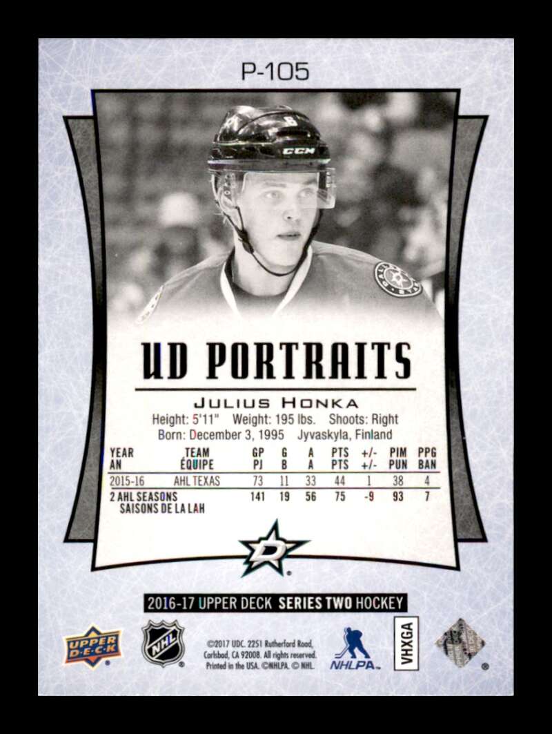 Load image into Gallery viewer, 2016-17 Upper Deck UD Portraits Julius Honka #P-105 Rookie RC Image 2
