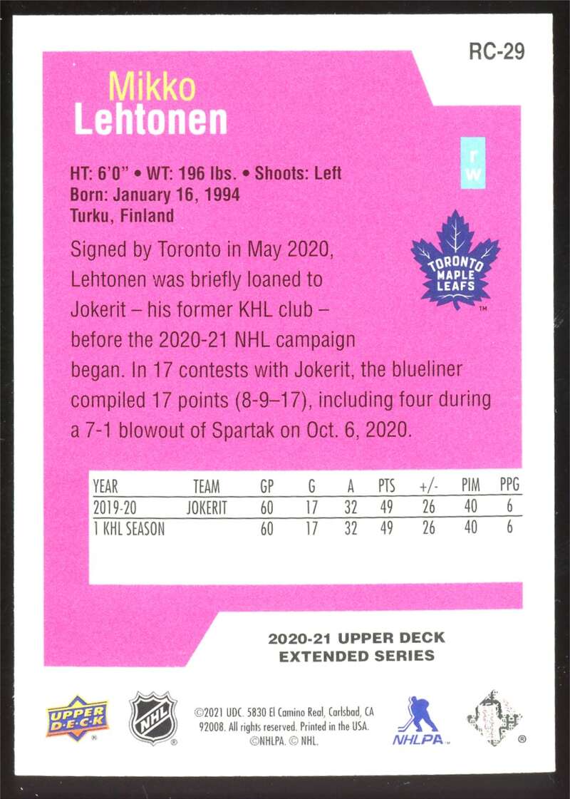 Load image into Gallery viewer, 2020-21 Upper Deck Extended Series Rookie Class SE Mikko Lehtonen #RC-29 Rookie  Image 2

