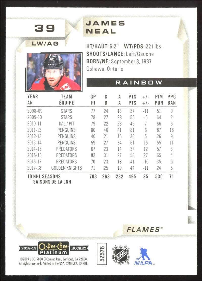 Load image into Gallery viewer, 2018-19 O-Pee-Chee Platinum Rainbow James Neal #39 Parallel SP Image 2
