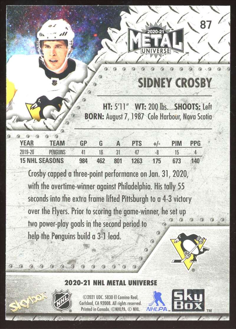 Load image into Gallery viewer, 2020-21 Skybox Metal Universe Sidney Crosby #87 Image 2
