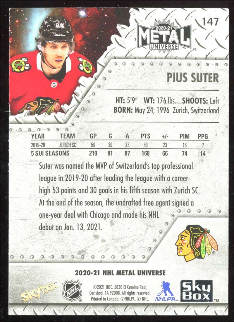 Load image into Gallery viewer, 2020-21 Skybox Metal Universe Rookies Pius Suter #147 Rookie RC Image 2
