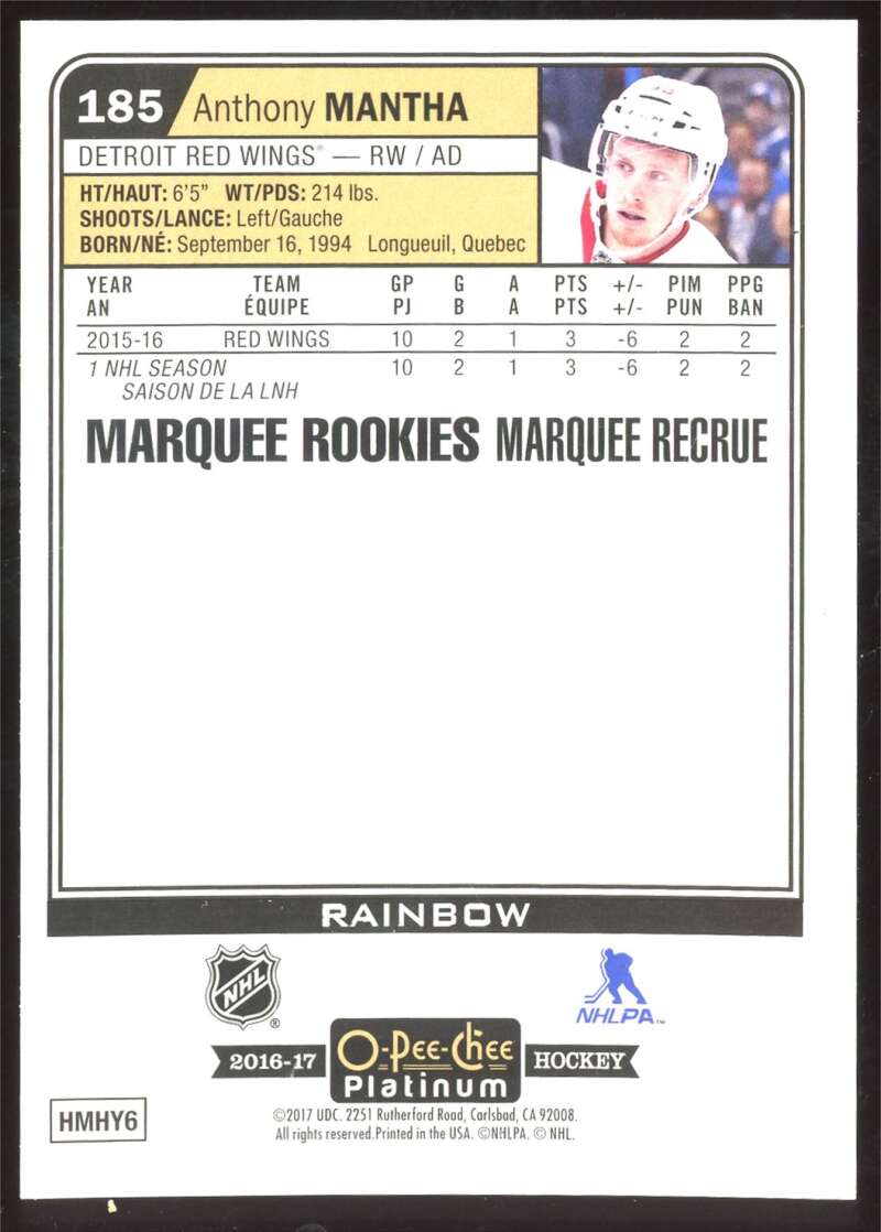 Load image into Gallery viewer, 2016-17 O-Pee-Chee Platinum Marquee Rookies Rainbow Anthony Mantha #185 Rookie  Image 2
