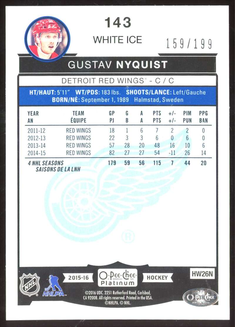 Load image into Gallery viewer, 2015-16 O-Pee-Chee Platinum White Ice Gustav Nyquist #143 Parallel SP /199 Image 2
