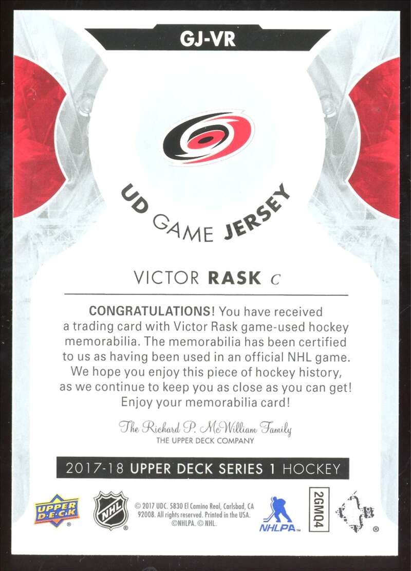 Load image into Gallery viewer, 2017-18 Upper Deck UD Game Jersey Victor Rask #GJ-VR Patch Relice Image 2
