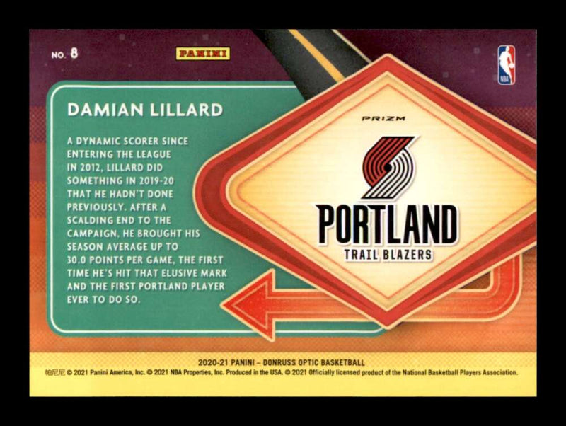 Load image into Gallery viewer, 2020-21 Donruss Optic Silver Prizm Holo Damian Lillard #8 Parallel SP Image 2
