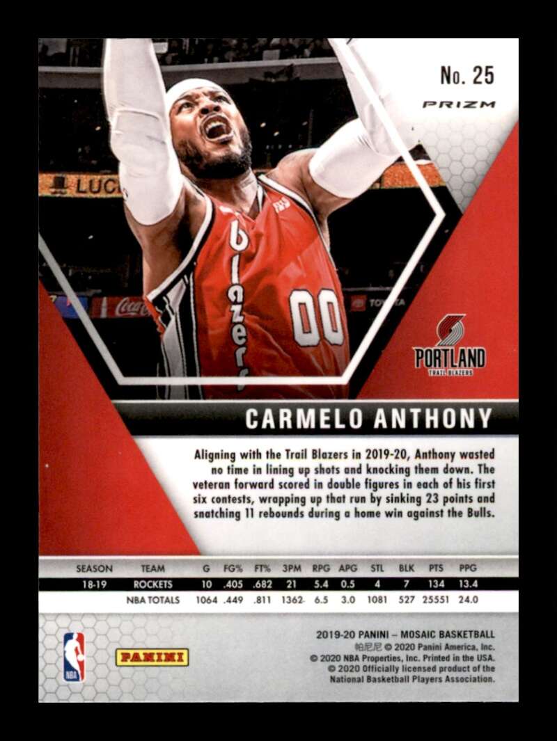 Load image into Gallery viewer, 2019-20 Panini Mosaic Pink Camo Prizm Carmelo Anthony #25 Parallel SP Image 2
