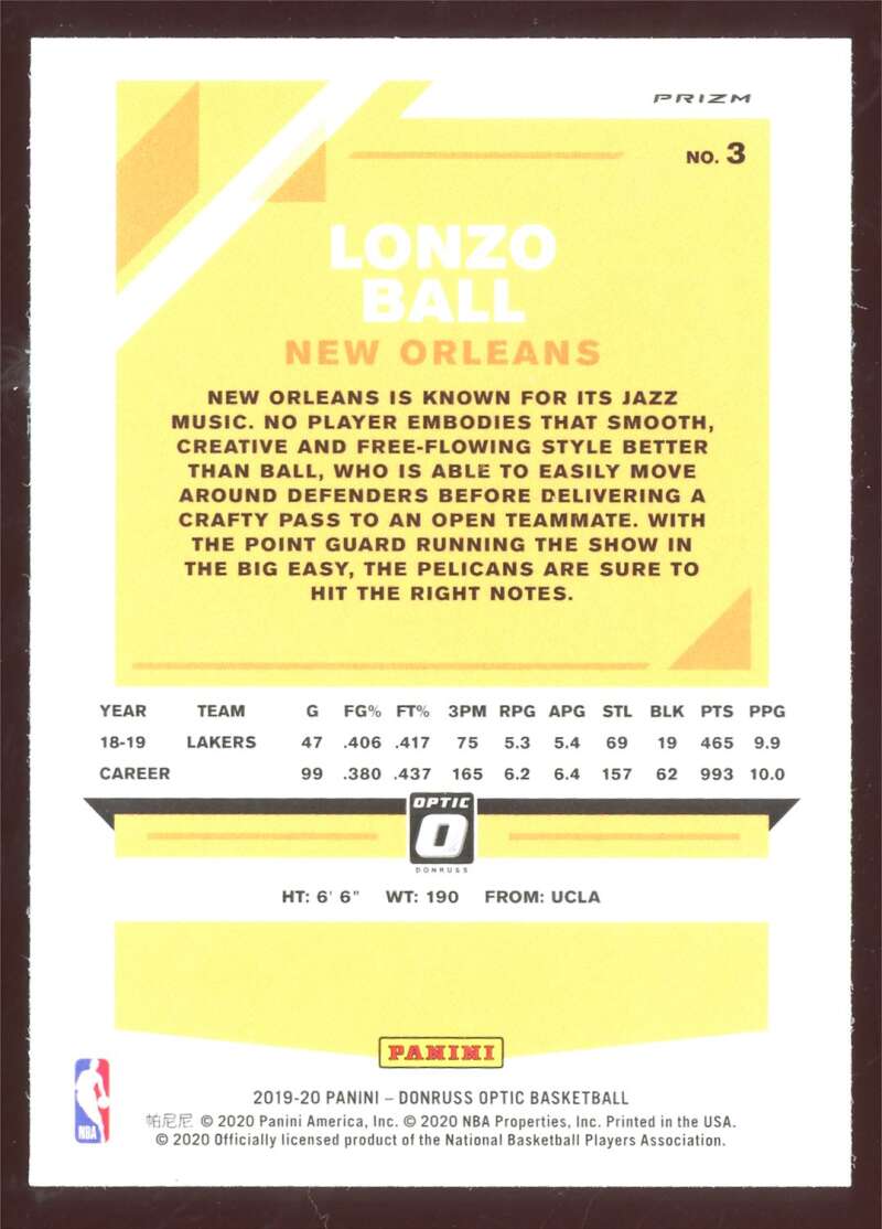 Load image into Gallery viewer, 2019-20 Donruss Optic Blue Velocity Prizm Lonzo Ball #3 Parallel SP Pelicans Image 2
