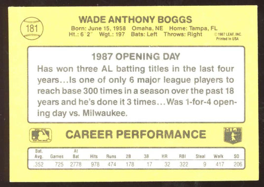 1987 Donruss Opening Day Wade Boggs