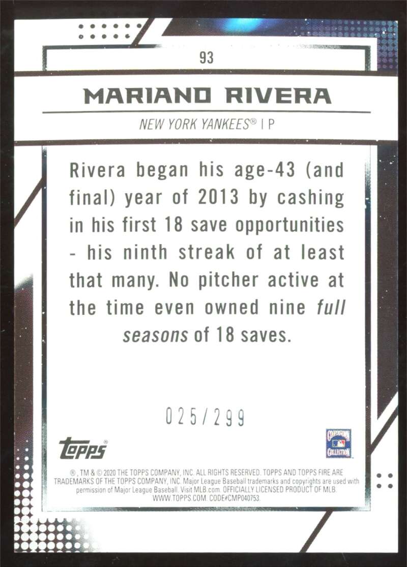 Load image into Gallery viewer, 2020 Topps Fire Orange Mariano Rivera #93 /299 Image 2
