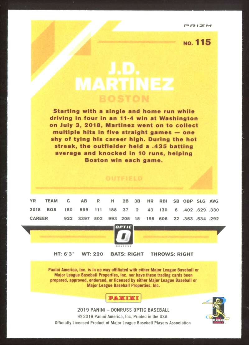 Load image into Gallery viewer, 2019 Donruss Optic Carolina Blue White Prizm J.D. Martinez #115 Image 2
