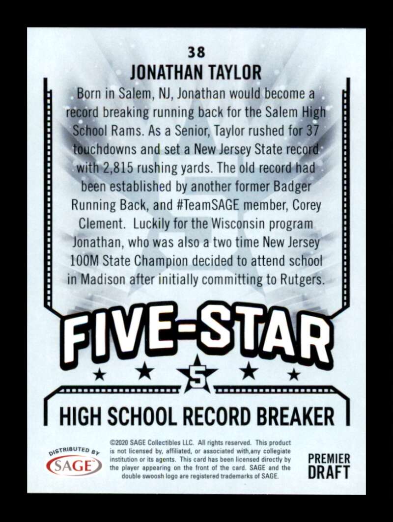 Load image into Gallery viewer, 2020 SAGE HIT Five Star Red Jonathan Taylor #38 Rookie RC Image 2
