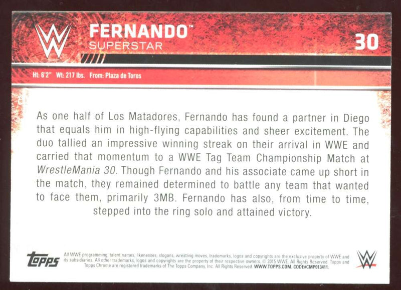 Load image into Gallery viewer, 2015 Topps Chrome WWE Refractor Fernando #30 Image 2
