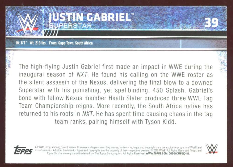 Load image into Gallery viewer, 2015 Topps Chrome WWE Refractor Justin Gabriel #39 Image 2
