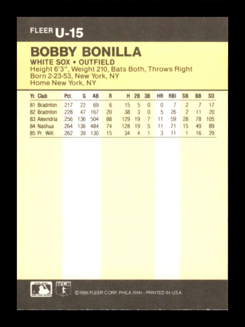 Load image into Gallery viewer, 1986 Fleer Update Bobby Bonilla #U-15 Rookie RC Chicago White Sox Image 2
