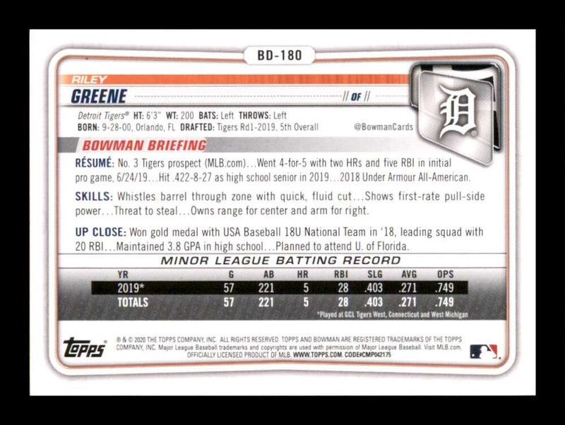 Load image into Gallery viewer, 2020 Bowman Draft Riley Greene #BD-180 Rookie RC Image 2
