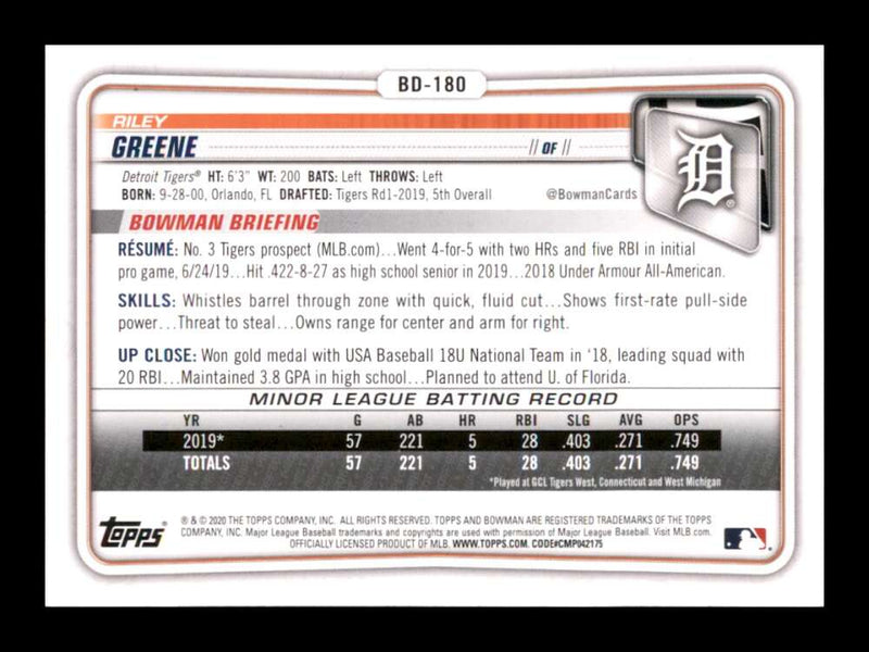 Load image into Gallery viewer, 2020 Bowman Draft Riley Greene #BD-180 Rookie RC Detroit Tigers  Image 2
