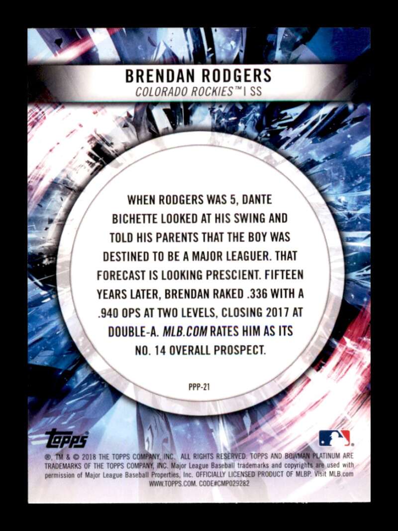 Load image into Gallery viewer, 2018 Bowman Platinum Prismatic Prodigies Brendan Rodgers #PPP-21 Rookie RC Image 2
