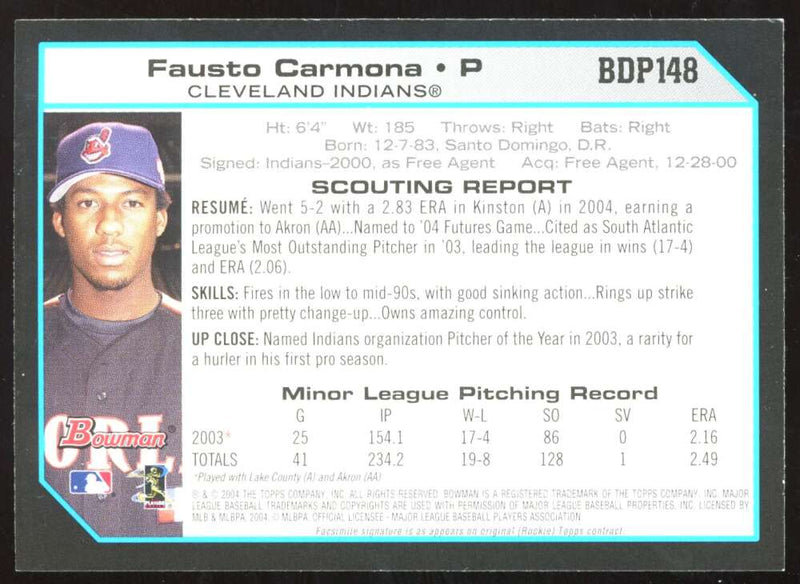 Load image into Gallery viewer, 2004 Bowman Draft Fausto Carmona #BDP148 1st Bowman Rookie RC Image 2
