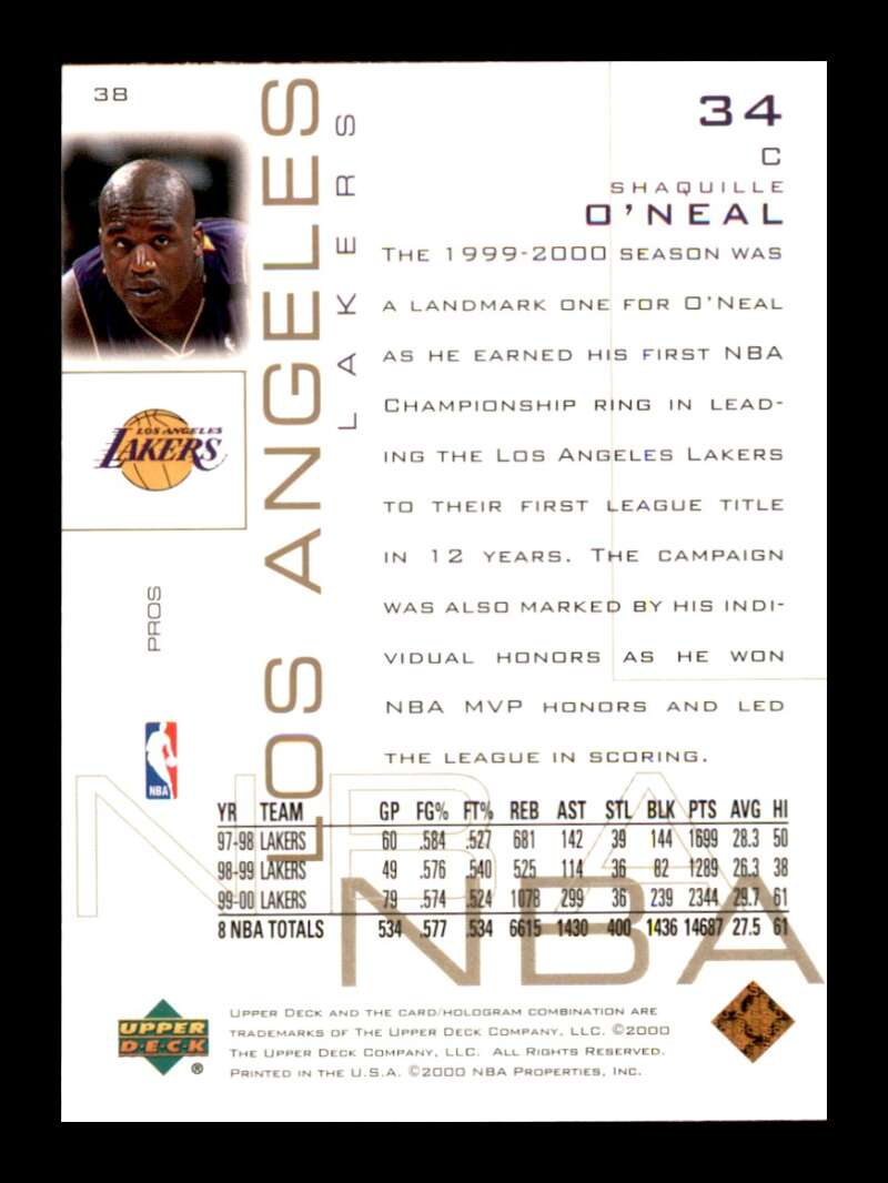 Load image into Gallery viewer, 2000-01 Upper Deck Pros and Prospects Shaquille O&#39;Neal #38 Image 2
