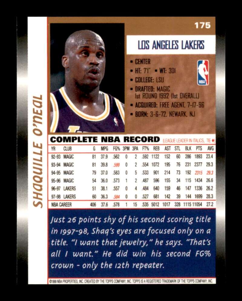 Load image into Gallery viewer, 1998-99 Topps Shaquille O&#39;Neal #175 Image 2
