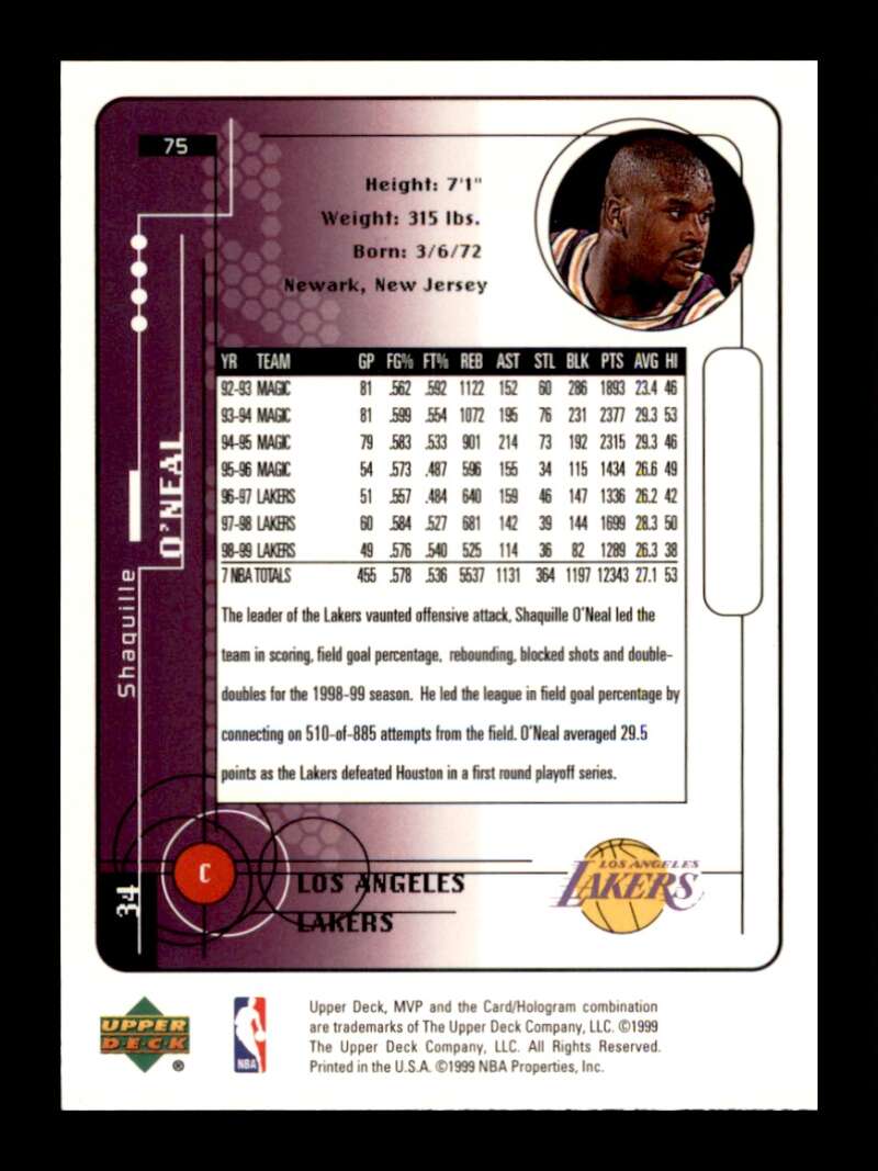 Load image into Gallery viewer, 1999-00 Upper Deck MVP Shaquille O&#39;Neal #75 Image 2
