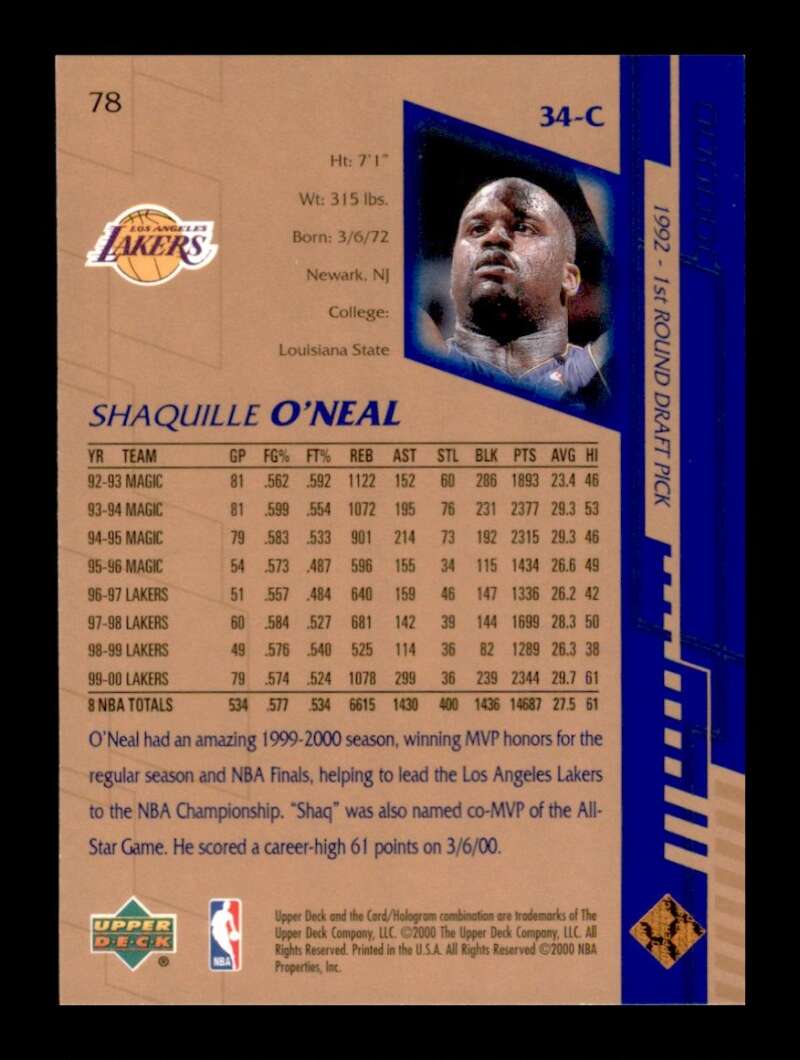 Load image into Gallery viewer, 2000-01 Upper Deck Shaquille O&#39;Neal #78 Image 2
