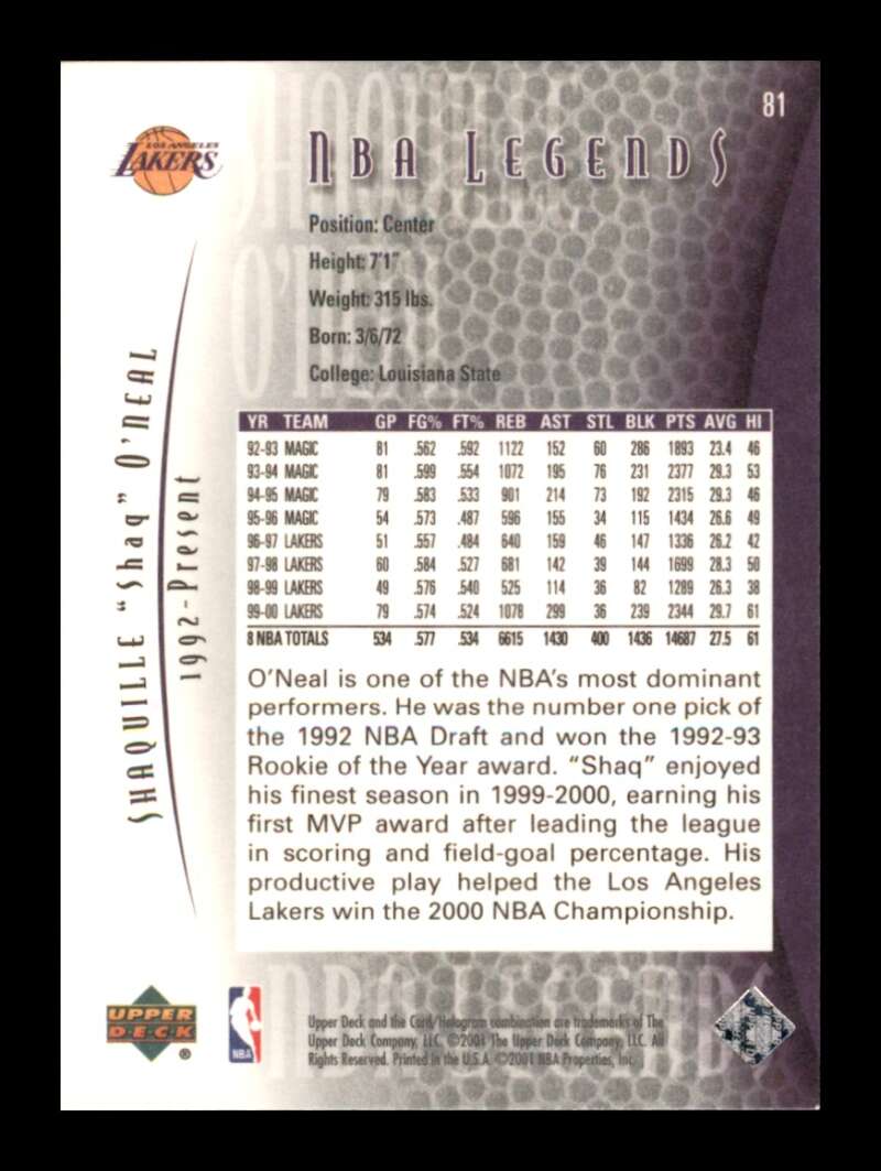 Load image into Gallery viewer, 2000-01 Upper Deck Legends Shaquille O&#39;Neal #81 Image 2
